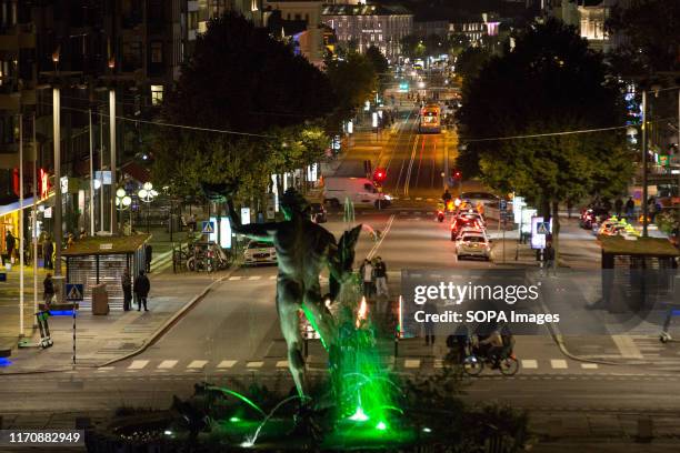 Gotaplatsen with Poseidon statue and Kungsportavenyen seen at night in Gothenburg. Gotaplatsen is a public square, at the southern end of Avenyn, the...