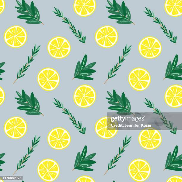 seamless lemon and herbs pattern illustration, blue background - sage background stock illustrations