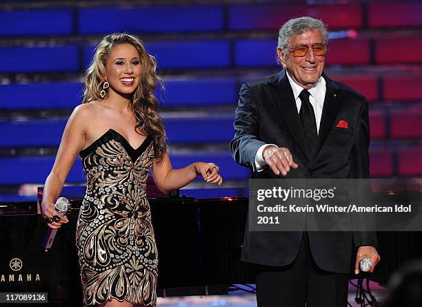 Singers Haley Reinhart and Tony Bennett perform onstage during Fox's "American Idol 2011" finale results show held at Nokia Theatre LA Live on May...