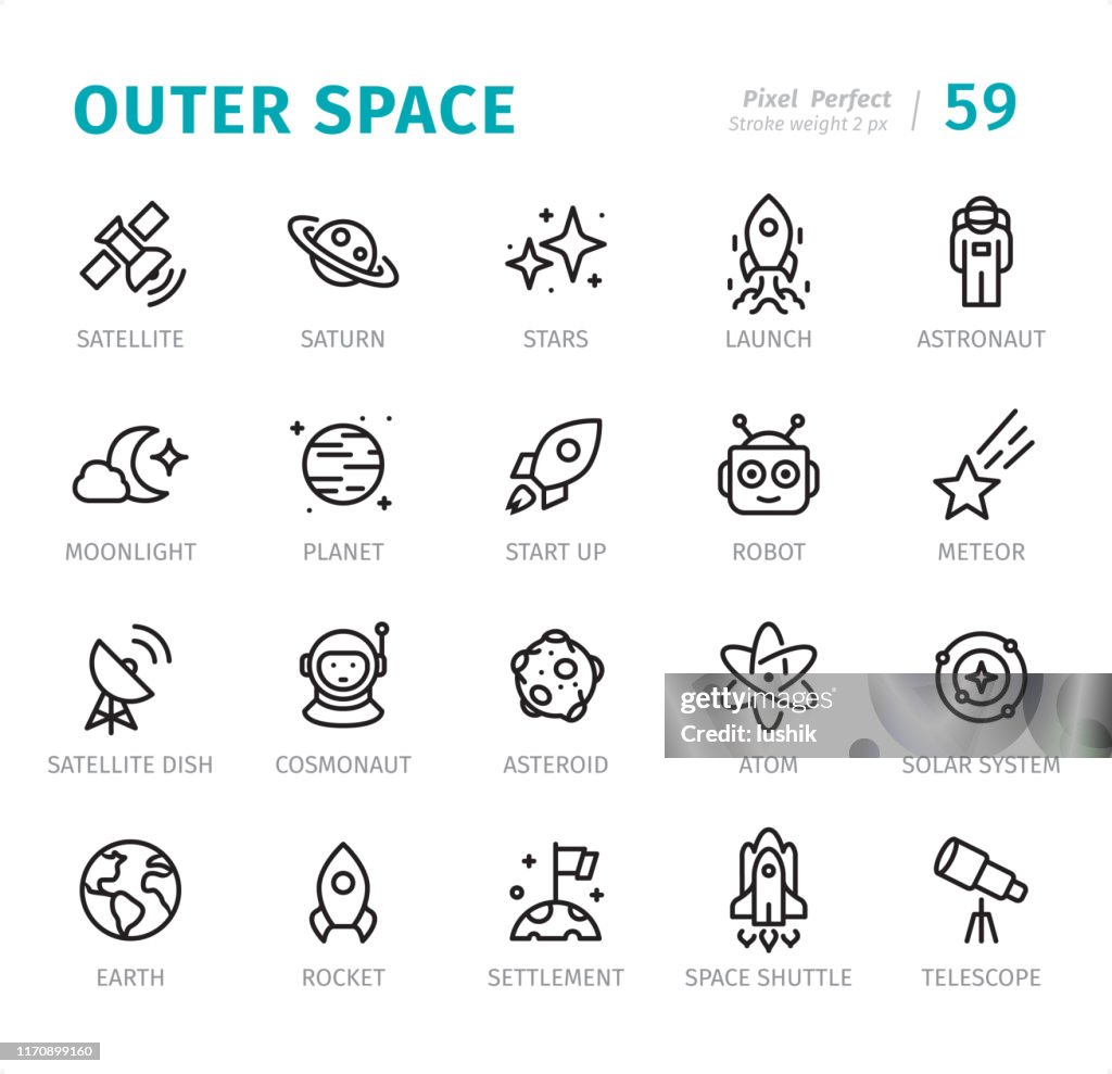 Outer Space - Pixel Perfect line icons with captions