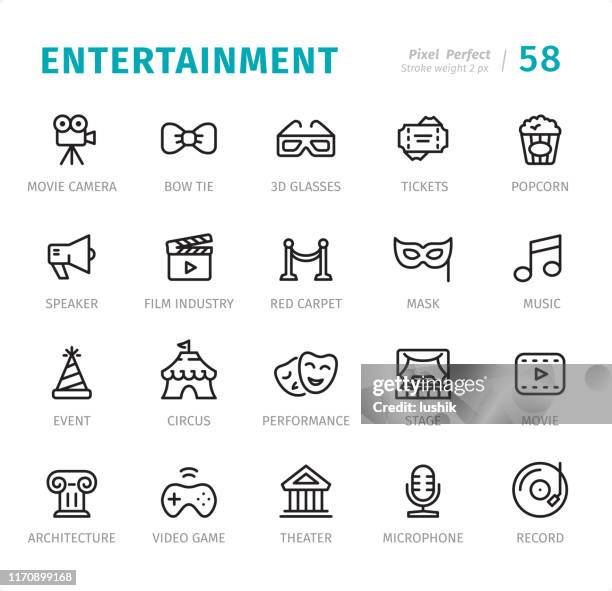 entertainment and media - pixel perfect line icons with captions - culture stock illustrations