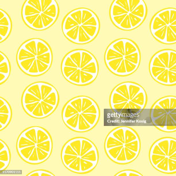 ilustraciones, imágenes clip art, dibujos animados e iconos de stock de ilustración sin costuras del patrón de rodaja de limón - limón