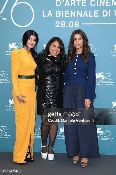Mila Alzahrani, Director Haifaa Al Mansour and Dhay attend "The Perfect Candidate" photocall during the 76th Venice Film Festival at Sala Grande on...