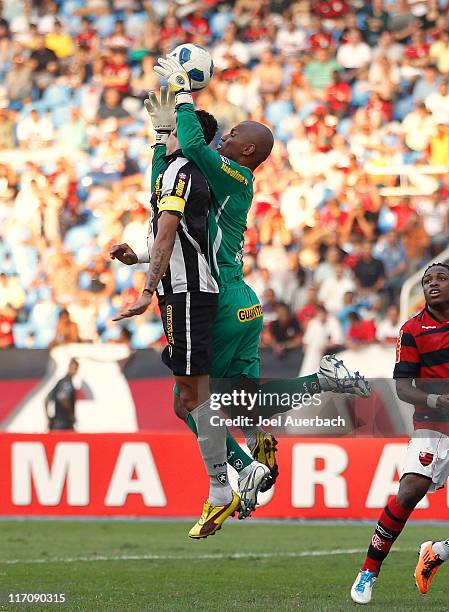 Goalkeeper Jefferson of Botafogo makes a save against Flamengo during a match as part of the Brazilian Championship 2011 at Engenhao Stadium on June...