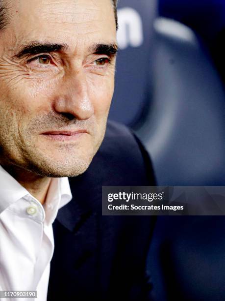 Coach Ernesto Valverde of FC Barcelona during the La Liga Santander match between FC Barcelona v Villarreal at the Camp Nou on September 24, 2019 in...