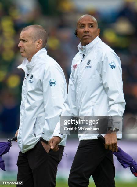 Umpires Christopher Gaffaney and Joel Wilson come off the field during day one of the 3rd Ashes Test match between England and Australia at...