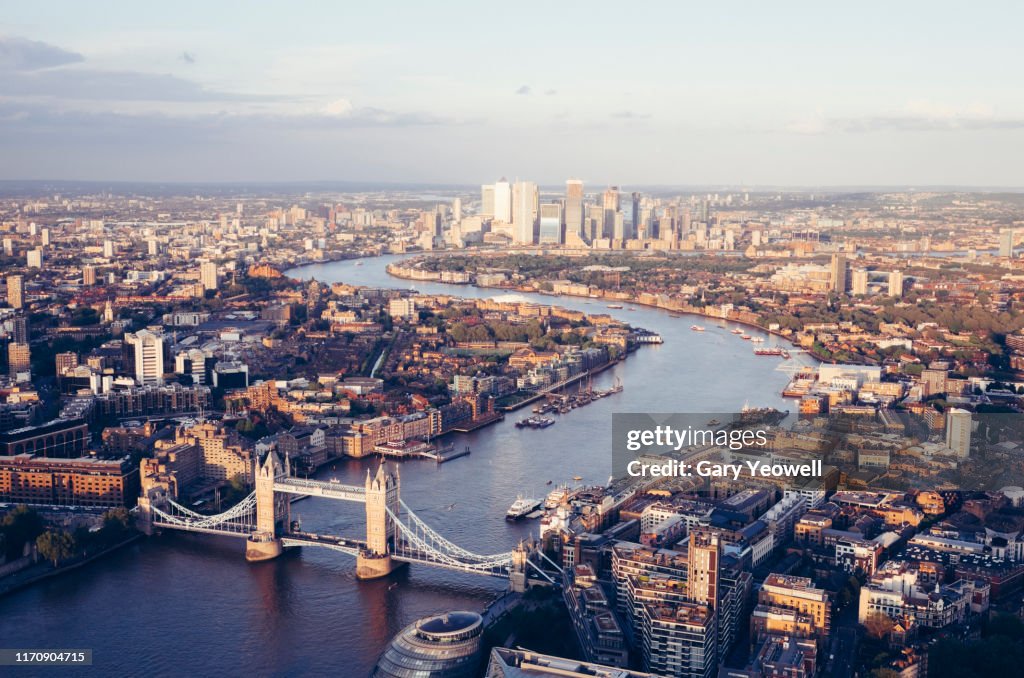 Elevated view over London city skyline at sunset