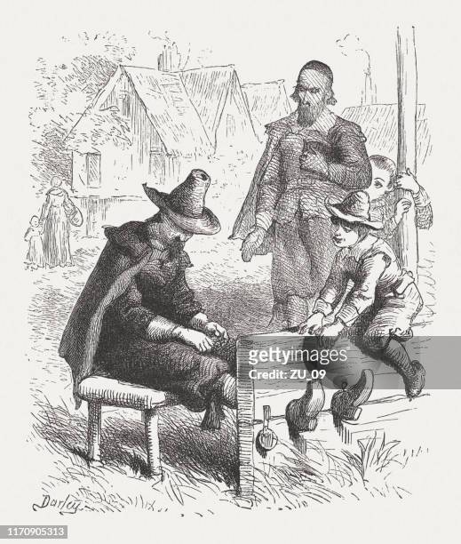 puritan in the pillory, massachusetts bay colony in 17th century - sect stock illustrations