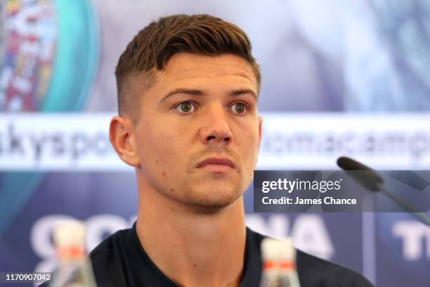 Luke Campbell looks on as he speaks to the media during the Vasiliy Lomachenko and Luke Campbell press conference in the lead up to their WBC, WBA,...