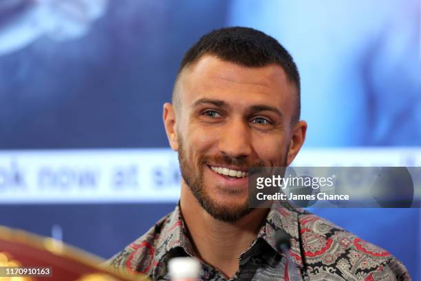 Vasiliy Lomachenko speaks to the media during the Vasiliy Lomachenko and Luke Campbell press conference in the lead up to their WBC, WBA, WBO and...