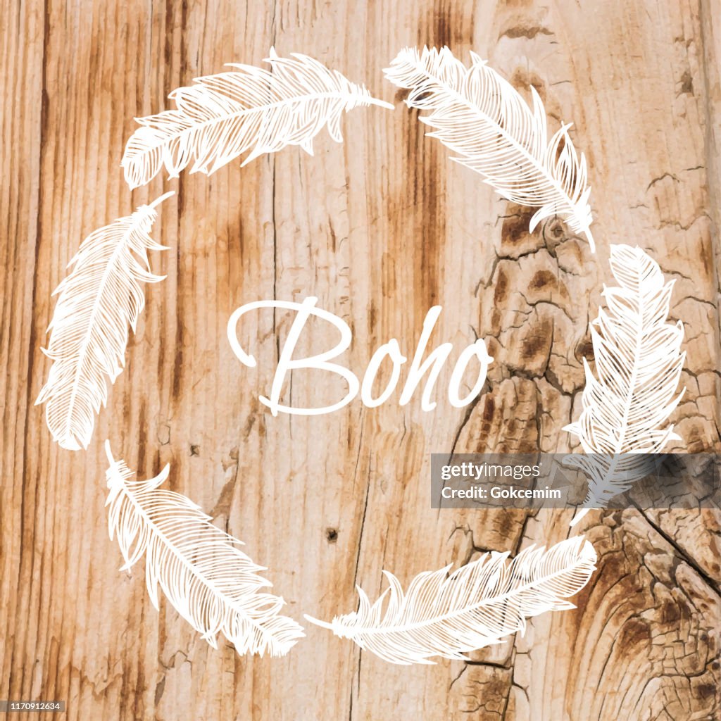 Boho Frame Background with White Feather Stencil On Shabby Wood Wall. Shabby Wooden Background. Grunge Texture, Painted Surface. Coastal Background.