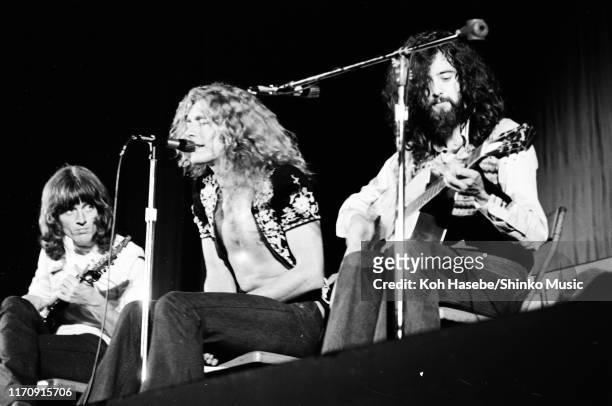 John Paul Jones, Robert Plant and Jimmy Page of Led Zeppelin performing on stage at Hiroshima Prefectural gymnasium, Hiroshima, Japan, 27th September...