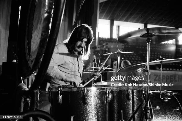 John Bonham of Led Zeppelin playing drums, rehearsing at Hiroshima Prefectural gymnasium, Hiroshima, Japan, 27th September 1971.