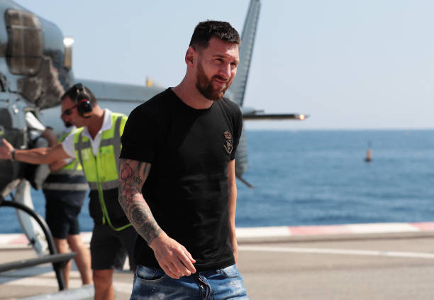 Champions League Forward of the Season 2018/19 Nominee, Lionel Messi of FC Barcelona arrives on a helipad prior to the UEFA European Club Football...