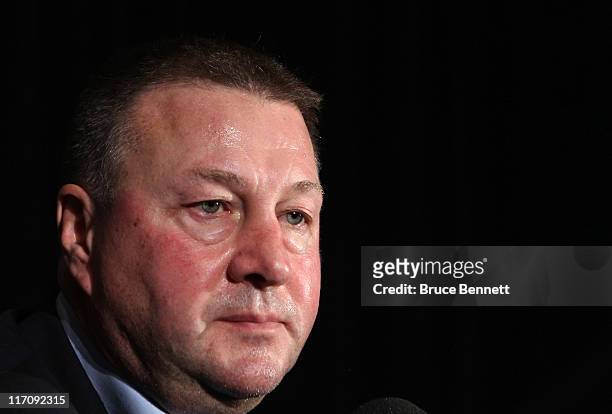 General manager Mike Gillis of the Vancouver Canucks addresses the media at the 2011 NHL Awards nominee media availability at the Palms Casino Resort...