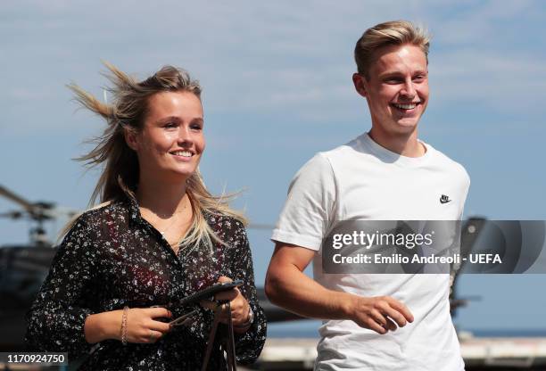 Champions League Midfielder of the Season 2018/19 Nominee, Frenkie de Jong of Ajax AFC arrives at a helipad with his girlfriend, Mikky Kiemeney prior...