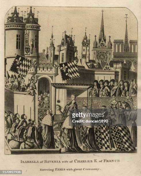 isabeau of bavaria wife of king charles vi entering paris - queen isabeau stock illustrations
