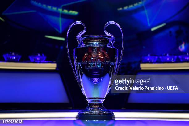 The UEFA Champions League trophy is seen prior to the UEFA Champions League Draw, part of the UEFA European Club Football Season Kick-Off 2019/2020...