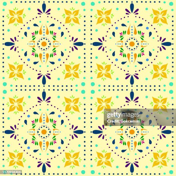 hand painted multi colored bohemian tile. vector tile pattern, lisbon arabic floral mosaic, mediterranean seamless ornament, geometric folklore ornament. tribal ethnic vector texture. - damask background stock illustrations