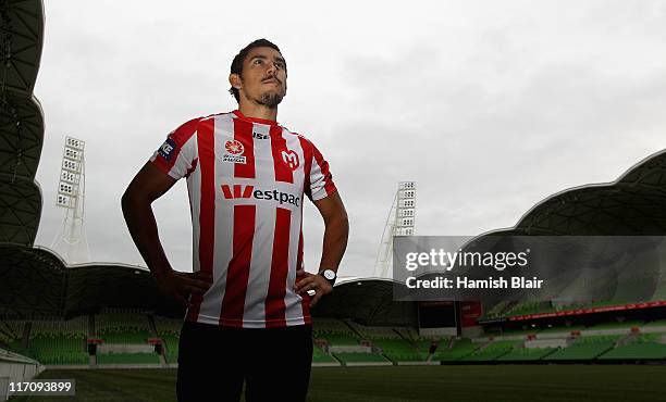 David Williams poses for photos after a press conference to announce his signing with A-League club Melbourne Heart for next season at AAMI Park on...