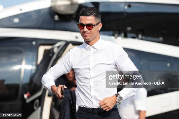 Champions League Forward of the Season 2018/19 Nominee, Cristiano Ronaldo of Juventus arrives on the helipad prior to the UEFA Champions League Draw,...