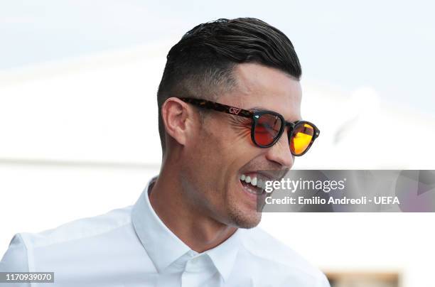 Champions League Forward of the Season 2018/19 Nominee, Cristiano Ronaldo of Juventus arrives on the helipad prior to the UEFA Champions League Draw,...