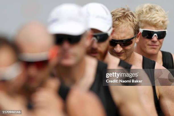 Hamish Bond of New Zealand looks on at the start line ahead of the Men's Eight Repechage race during Day Five of the 2019 World Rowing Championships...