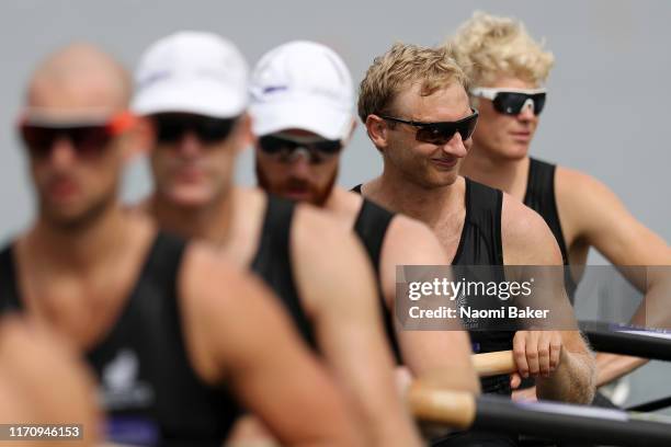 Hamish Bond of New Zealand looks on at the start line ahead of the Men's Eight Repechage race during Day Five of the 2019 World Rowing Championships...