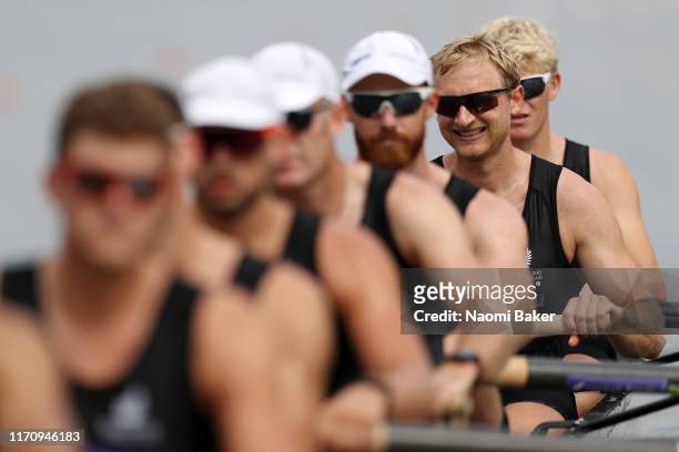Hamish Bond of New Zealand looks on at the start line ahead of the Men's Eight Repechage race during Day Five of the 2019 World Rowing Championships...