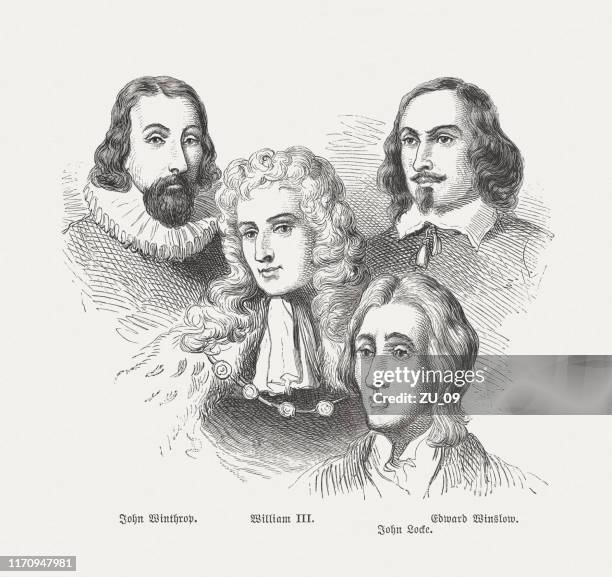 john winthrop, william iii of england, john locke, edward winslow - massachusetts colony stock illustrations