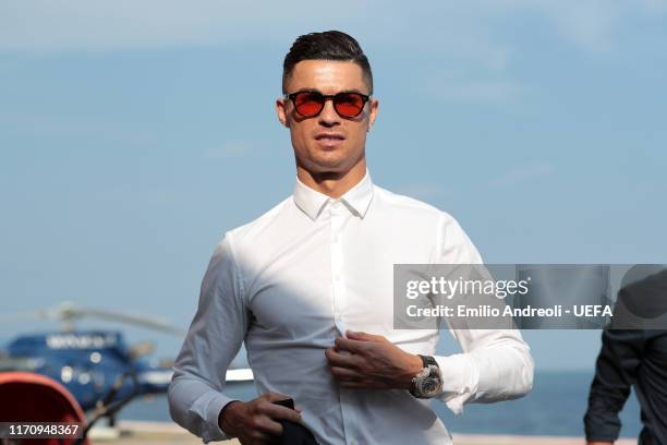 Champions League Forward of the Season 2018/19 Nominee, Cristiano Ronaldo of Juventus arrives on the helipad prior to the UEFA Champions League Draw,...