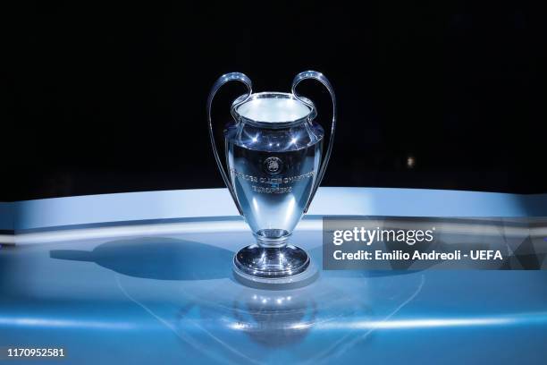 The UEFA Champions League trophy is seen during the UEFA Champions League Draw, part of the UEFA European Club Football Season Kick-Off 2019/2020 at...