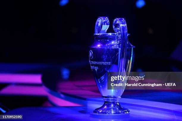 The UEFA Champions League trophy is seen during the UEFA Champions League Draw, part of the UEFA European Club Football Season Kick-Off 2019/2020 at...