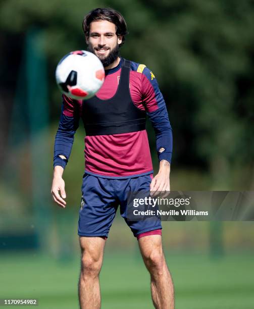 Jota of Aston Villa in action during a training session at Bodymoor Heath training ground on August 29, 2019 in Birmingham, England.