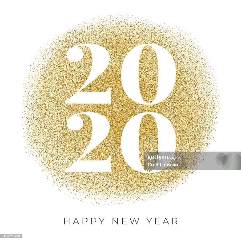 Feliz año nuevo 2020 tarjeta con brillo dorado.