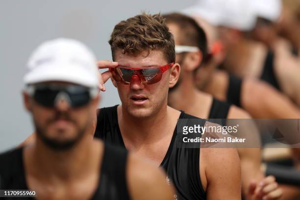 Matt MacDonald of New Zealand looks on at the start line ahead of the Men's 8 repecage during Day Five of the 2019 World Rowing Championships on...
