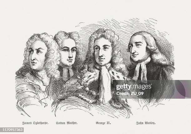 james oglethorpe, cotton mather, george ii, john wesley, publshed 1876 - george ii of great britain stock illustrations