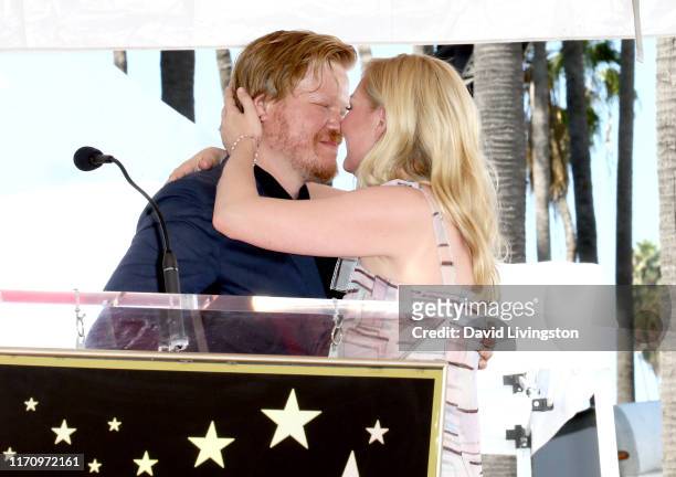 Jesse Plemons and Kirsten Dunst kiss during the ceremony honoring Kirsten Dunst with a star on the Hollywood Walk of Fame on August 29, 2019 in...