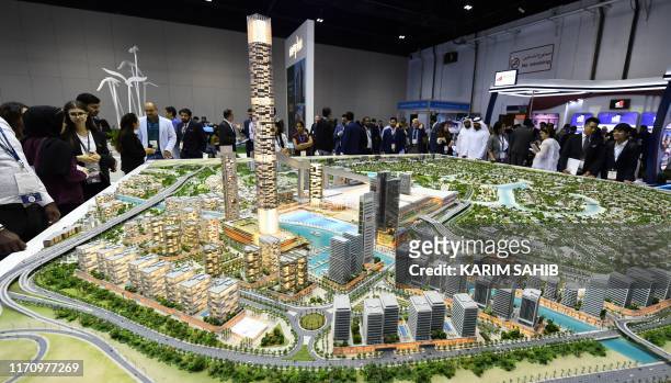 Picture taken on September 25, 2019 shows a view of the Cityscape Global exhibition 2019 at the Dubai World Trade Centre in the Gulf emirate. -...