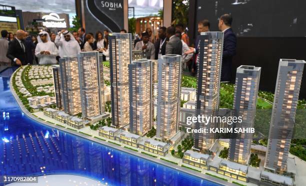 Picture taken on September 25, 2019 shows a view of the Cityscape Global exhibition 2019 at the Dubai World Trade Centre in the Gulf emirate. -...