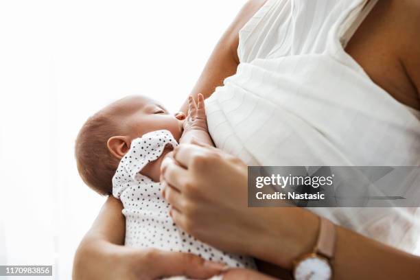 moeder borstvoeding en houden van pasgeboren baby - feeding stockfoto's en -beelden