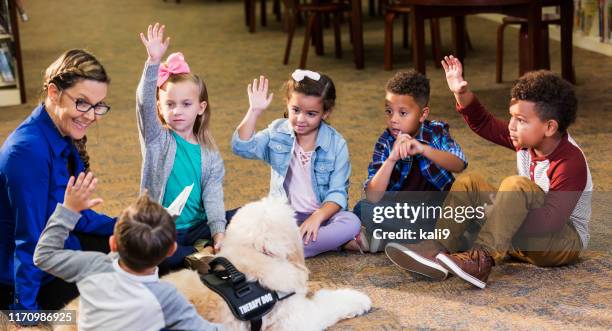children in library with reading assistance dog - service animals stock pictures, royalty-free photos & images