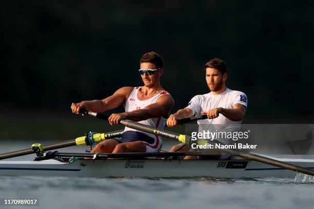 Milos Vasic and Martin Mackovic of Serbia in action during Day Three of the 2019 World Rowing Championships on August 27, 2019 in Linz-Ottensheim,...