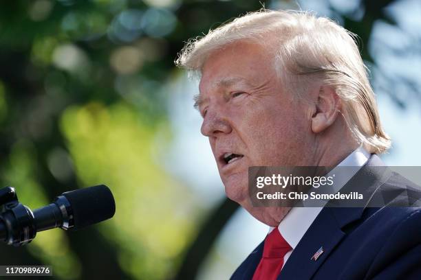 President Donald Trump delivers remarks during an event establishing the U.S. Space Command, the sixth national armed service, in the Rose Garden at...