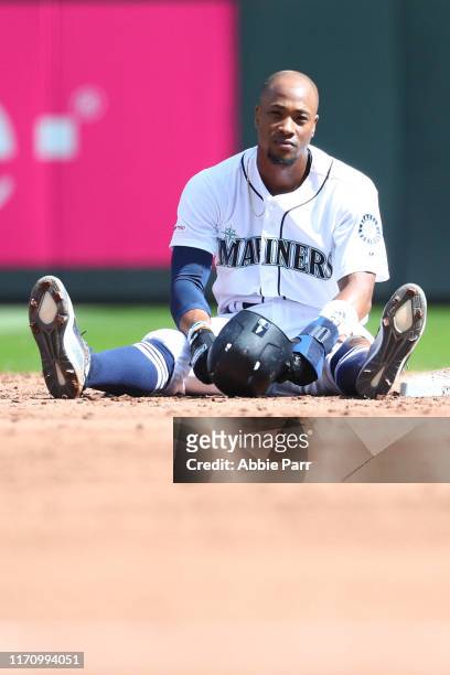 Keon Broxton of the Seattle Mariners reacts after being forced out trying to steal second in the fourth inning against the New York Yankees during...