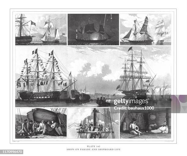 ships on parade and shipboard life engraving antique illustration, published 1851 - english culture stock illustrations