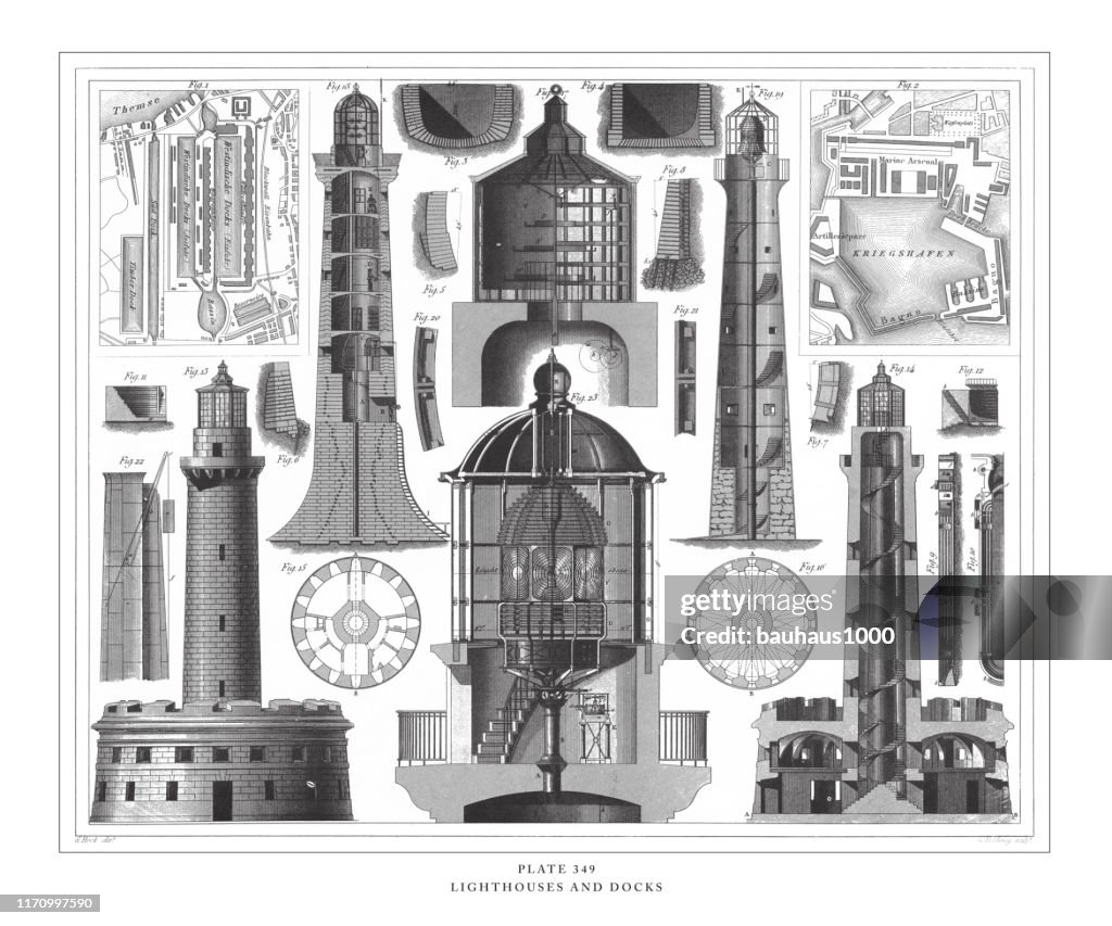 Lighthouses and Docks Engraving Antique Illustration, Published 1851
