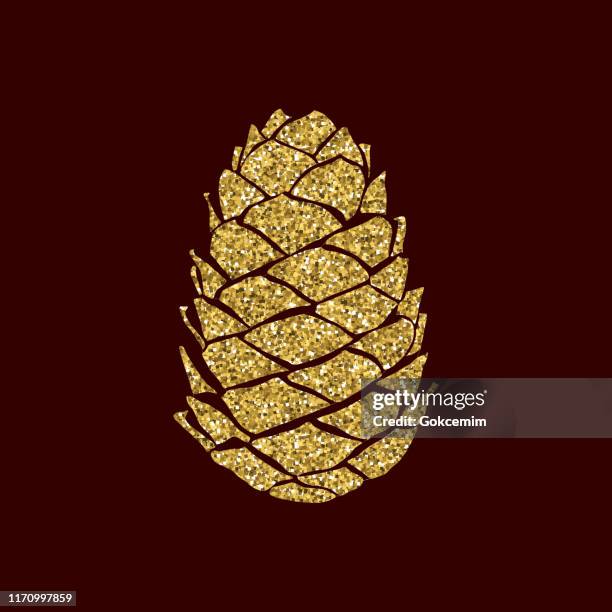 gold glitter hand drawn pine cone. autumn and winter concept. design element for thanksgiving, christmas and new year greeting cards and designs. sparkling golden pine cone with glitter texture. winter holidays decoration design element. - pine cone stock illustrations