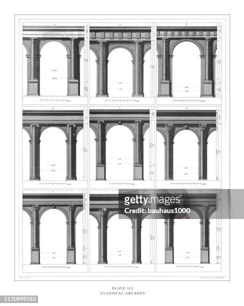 classical arcades engraving antique illustration, published 1851 - doric arches stock illustrations