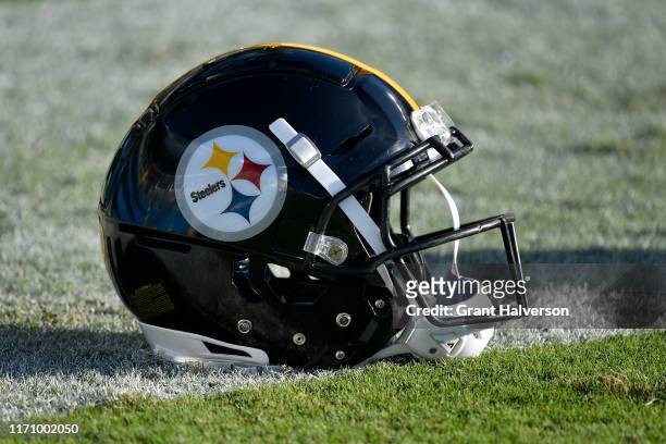 Detail photo of a Pittsburgh Steelers helmet during their preseason game against the Carolina Panthers at Bank of America Stadium on August 29, 2019...
